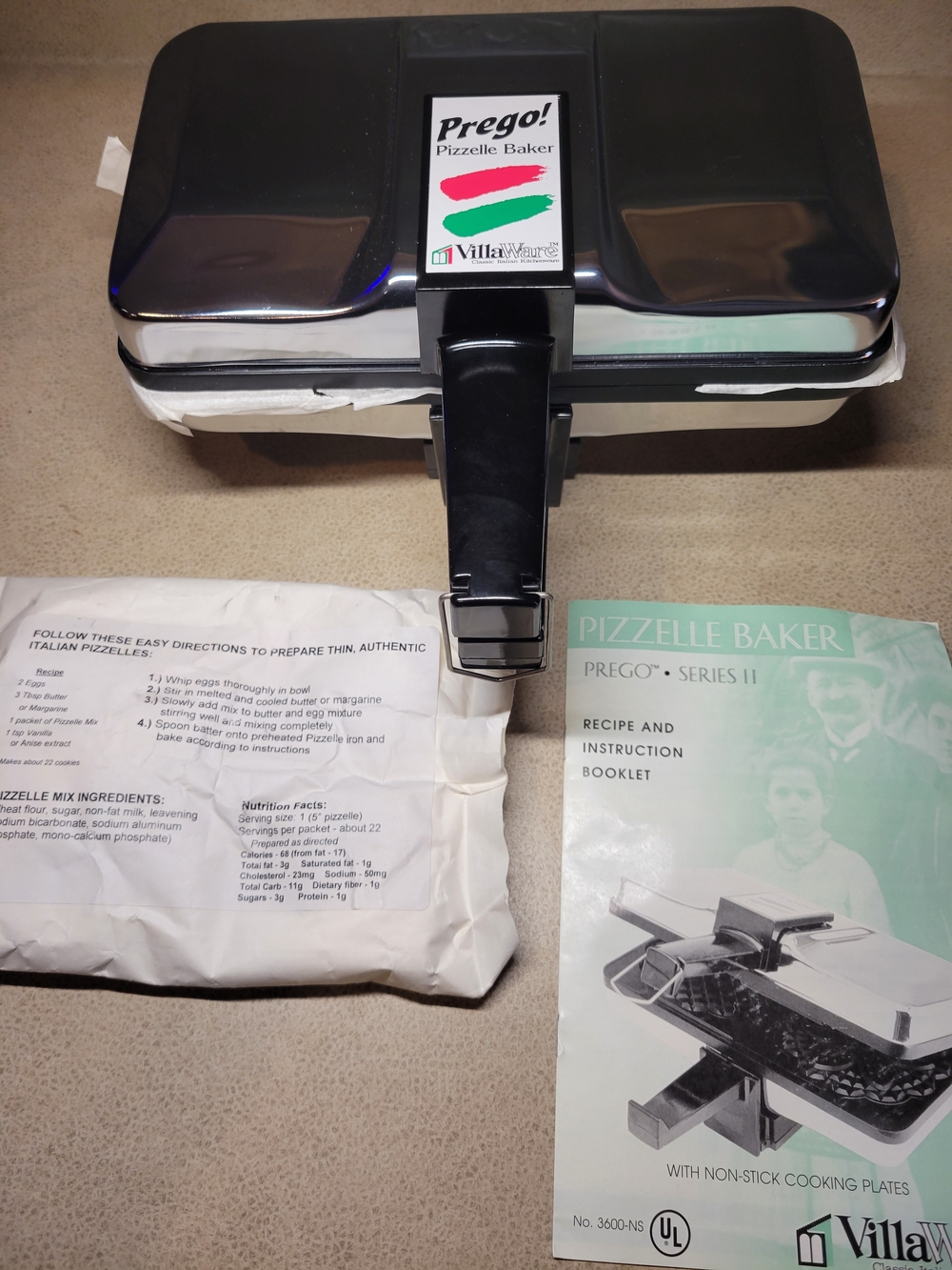 New And Unused
The VillaWare V3600-NS 750W Prego Pizzelle Baker